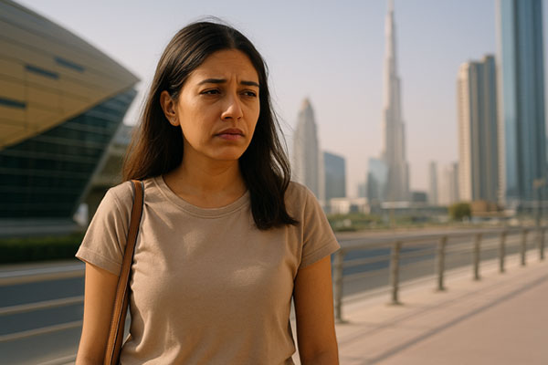 Tired woman in the Dubai sun – representing common causes of iron deficiency like diet, heat, and menstruation.