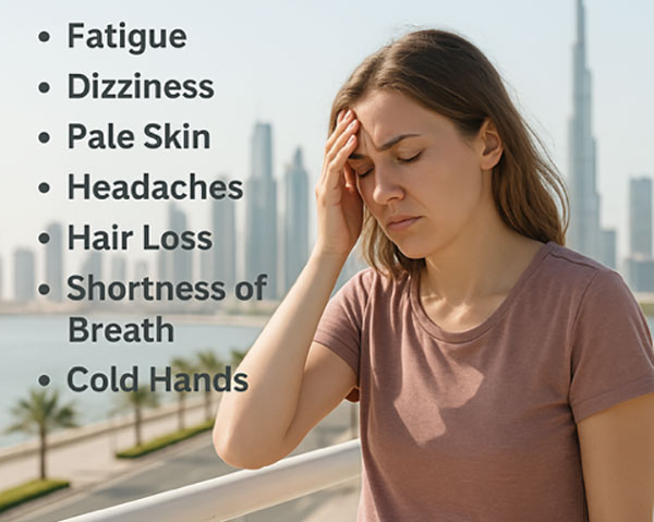 Woman with fatigue leaning on railing in Dubai – showing common symptoms of iron deficiency anemia.