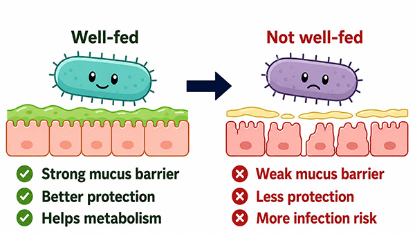 Cartoon comparison showing Akkermansia in a fibre-rich microbiome with a stronger mucus barrier versus fibre deprivation and a disrupted microbiome with reduced mucus protection and greater infection susceptibility in a mouse study.