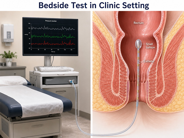 Anorectal manometry bedside test in clinic setting showing pressure monitor, catheter and small balloon in the rectum