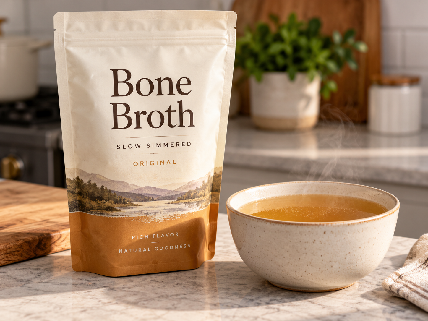 A commercial bone broth pouch beside a steaming bowl of broth