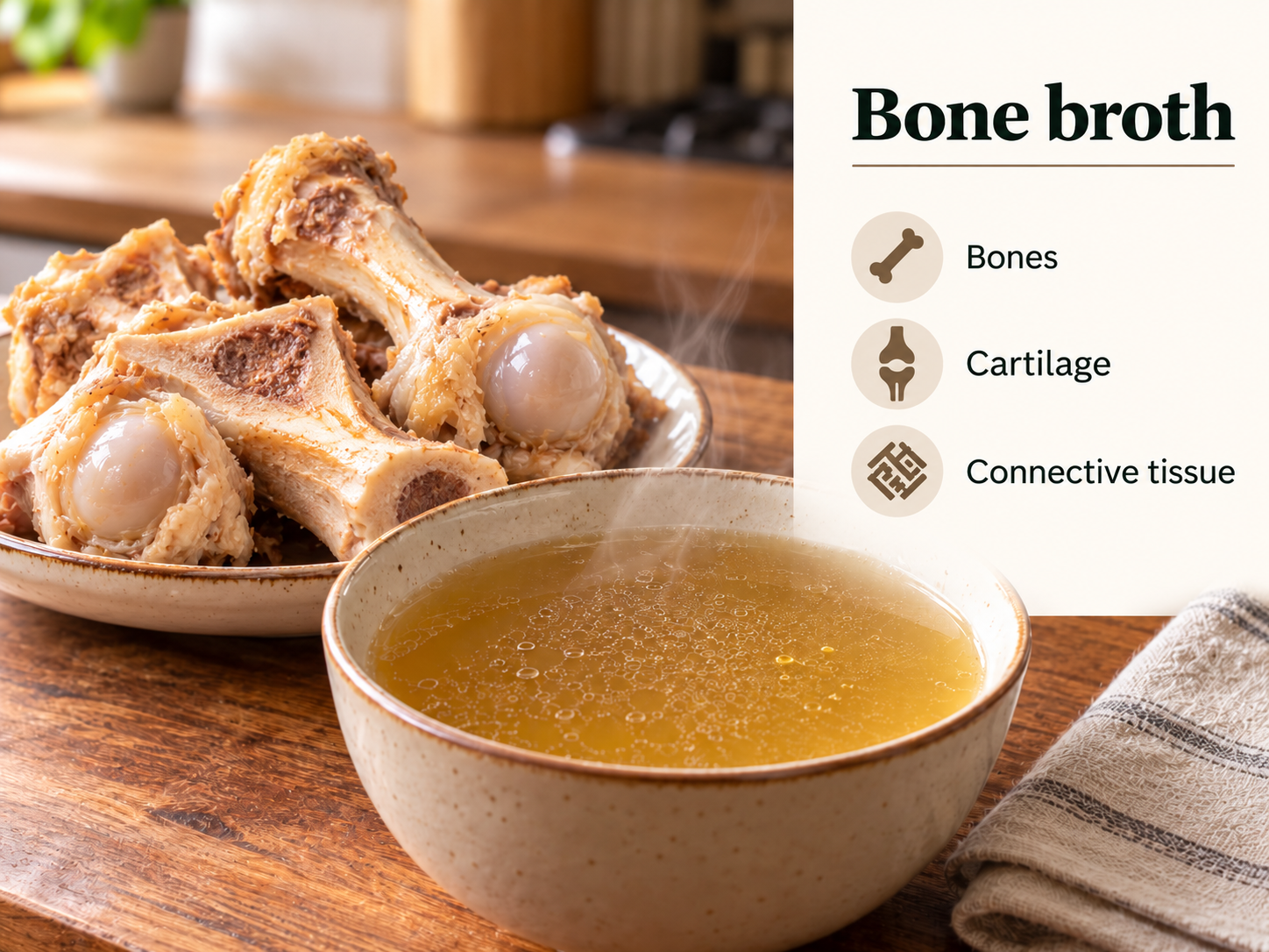Bones with cartilage and connective tissue beside a bowl of broth