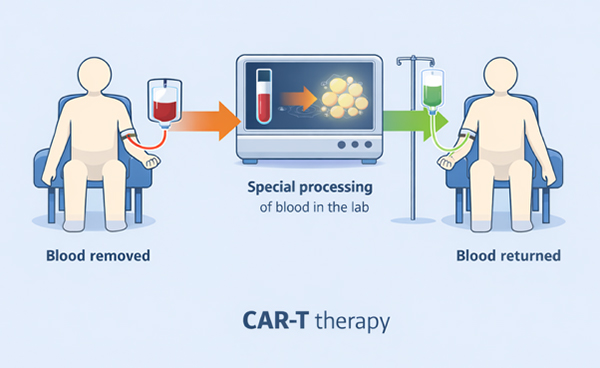 CAR-T therapy diagram showing blood removed, laboratory processing, and blood returned in ulcerative colitis treatment