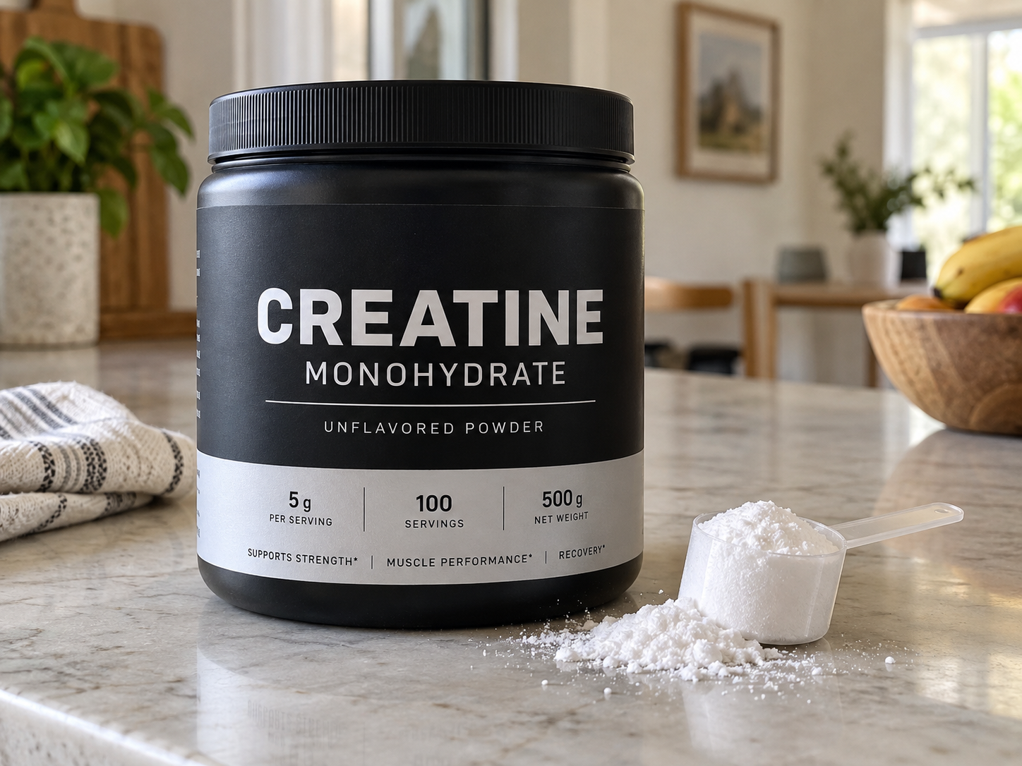 Container of creatine monohydrate with a scoop of powder on a kitchen worktop