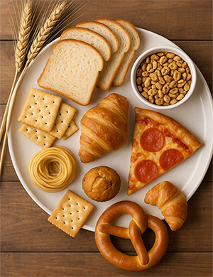 Gluten-containing wheat foods on a plate