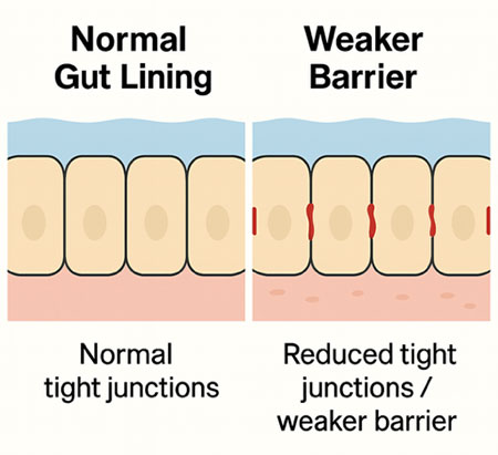 Diagram of normal gut barrier versus weaker gut barrier, showing how vaping may affect tight junctions and intestinal permeability.