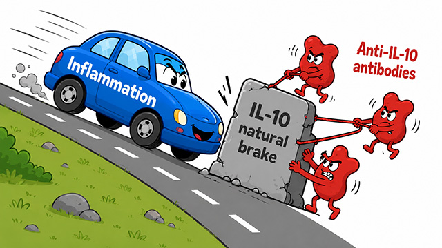 Illustration showing IL-10 as a natural brake on inflammation and anti-IL-10 antibodies interfering with that brake.