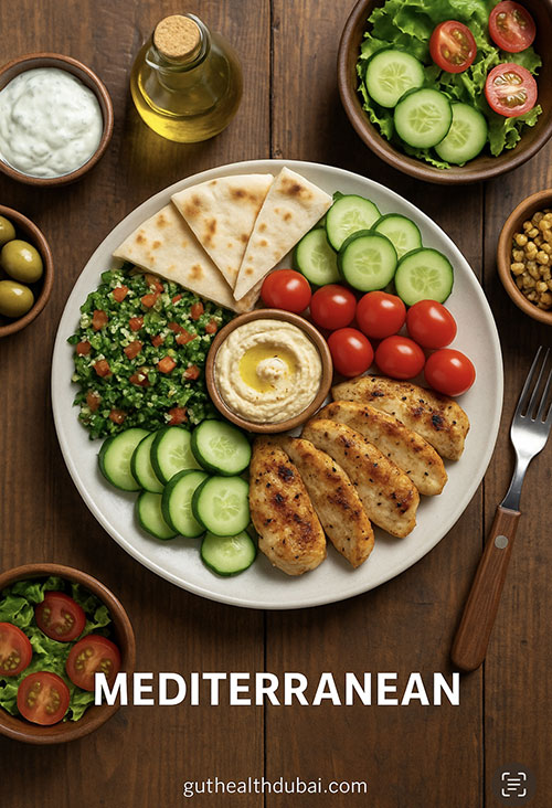 Mediterranean diet plate for IBD patients in Dubai—olive oil, fish, grains, vegetables