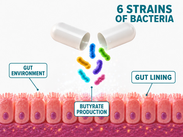 MH002 next generation probiotic illustration showing six strains of bacteria, butyrate production, gut environment and gut lining support