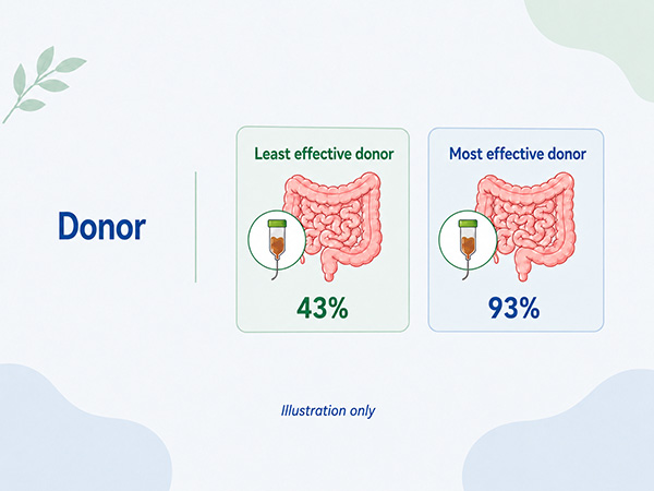 Illustration of five FMT donors highlighting a 43 percent clinical response with the donor producing the lowest response and 93 percent with the donor producing the highest response