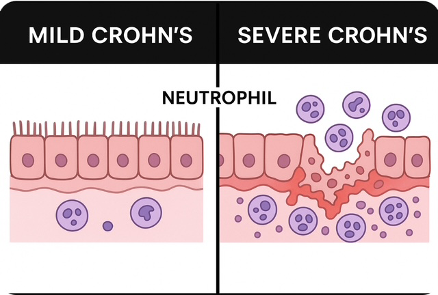 Neutrophils in mild vs severe Crohn’s disease — Dubai gastroenterologist explains differences in gut barrier damage and inflammation.