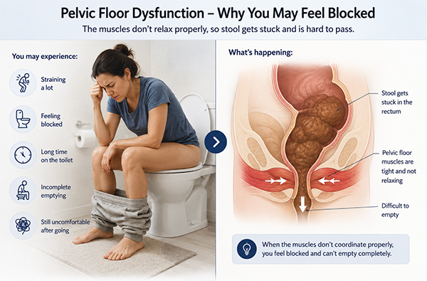 Pelvic floor dysfunction causing incomplete emptying and obstructed defecation