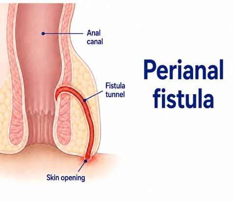 Medical illustration of a perianal fistula in Crohn’s disease showing the anal canal, fistula tunnel and skin opening