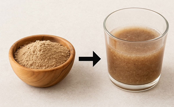 Slippery Elm bark powder turning into a gel when mixed with water – a natural demulcent effect.