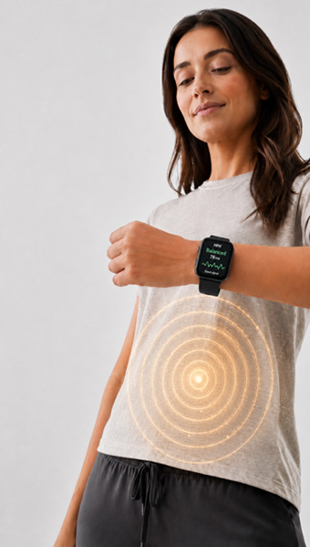Illustration of a person wearing a smartwatch with subtle abdominal signal waves representing future wearable monitoring in IBD