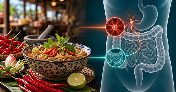 Chilli dish beside an illustration of gut sensory signals and the intestine.