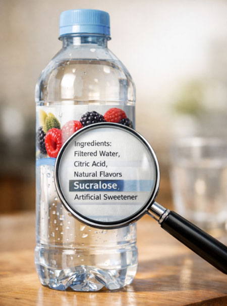 Sucralose highlighted on a drink label (artificial sweetener)