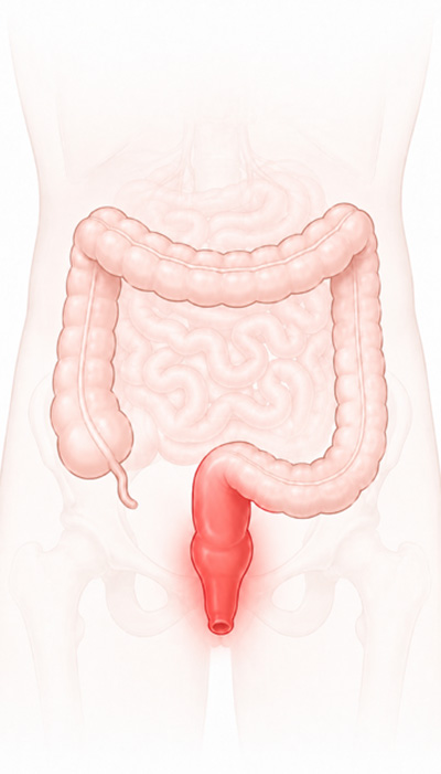 Medical illustration showing ulcerative proctitis with red inflammation confined to the rectum