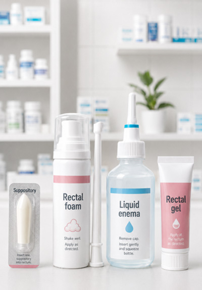 Suppository, rectal foam, liquid enema and rectal gel shown as local treatment formats for proctitis