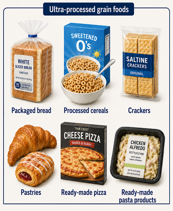 Examples illustrating ultra-processed grain foods
        including packaged bread, processed cereals, crackers, pastries, ready-made pizza and ready-made pasta.