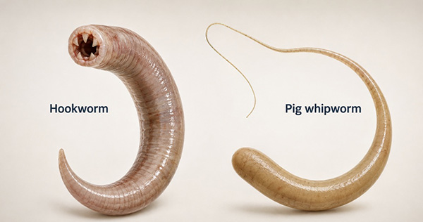 Illustration comparing a human hookworm and pig whipworm studied in inflammatory bowel disease research.